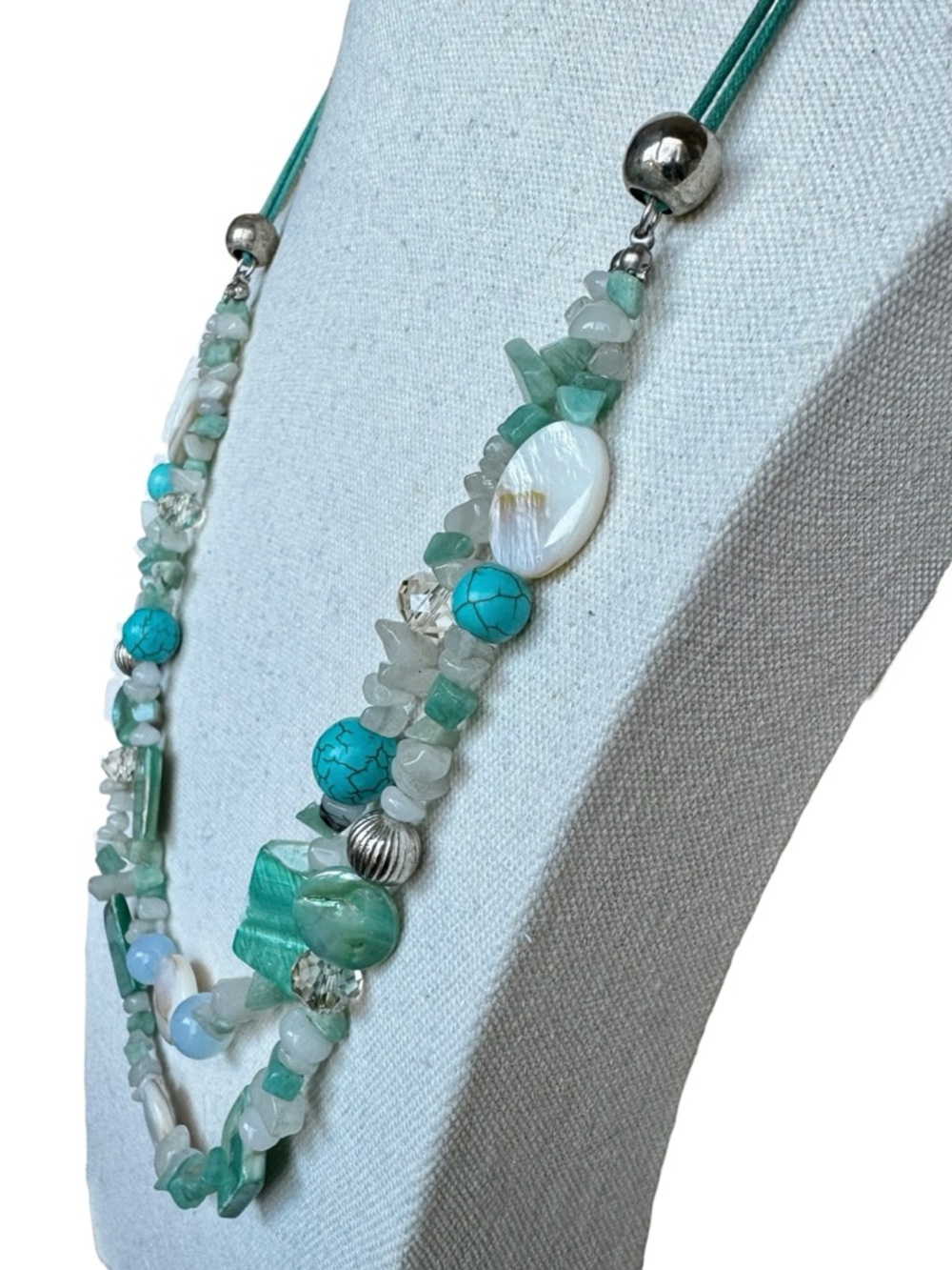 Boho Aqua Turquoise Multi Strand 26” 27” Beaded Shell Stone Statement Necklace - Picture 3 of 6